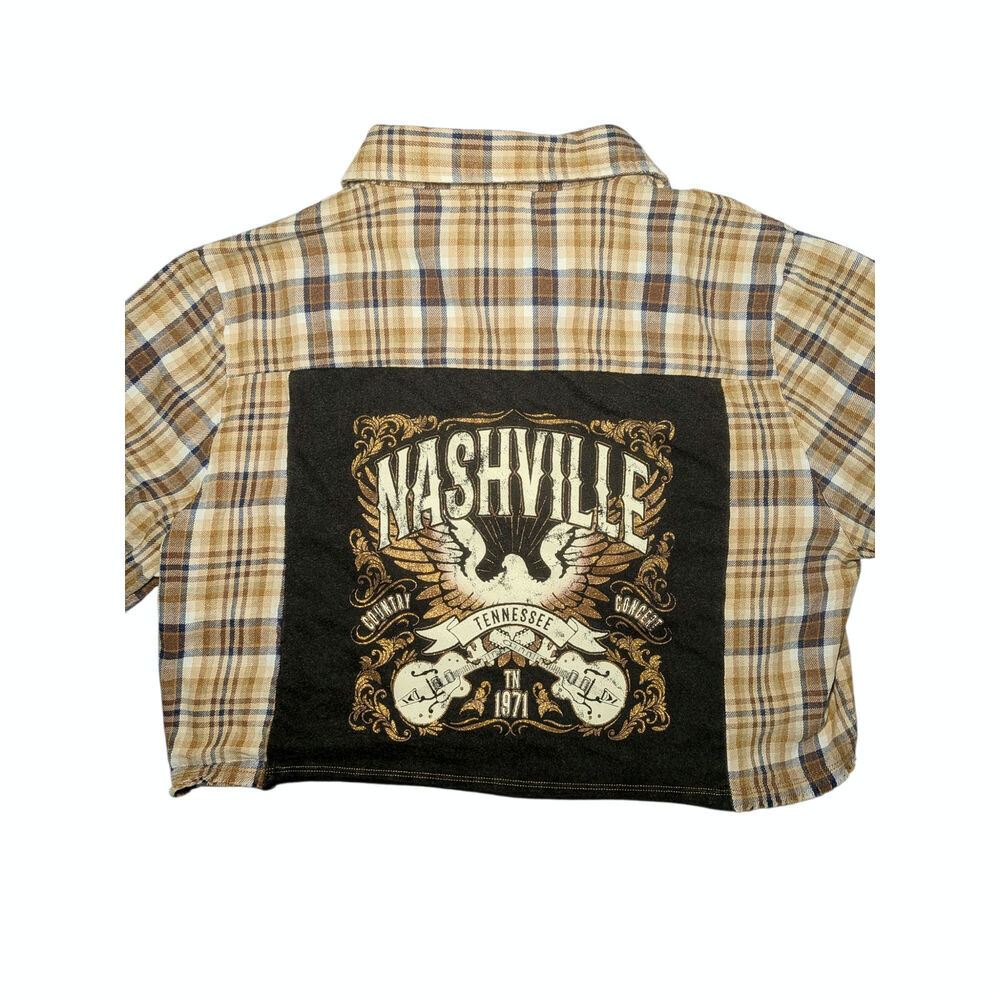 Altar'd State Nashville Graphic Cropped Plaid Flannel Shirt Brown Small Western - Picture 3 of 9